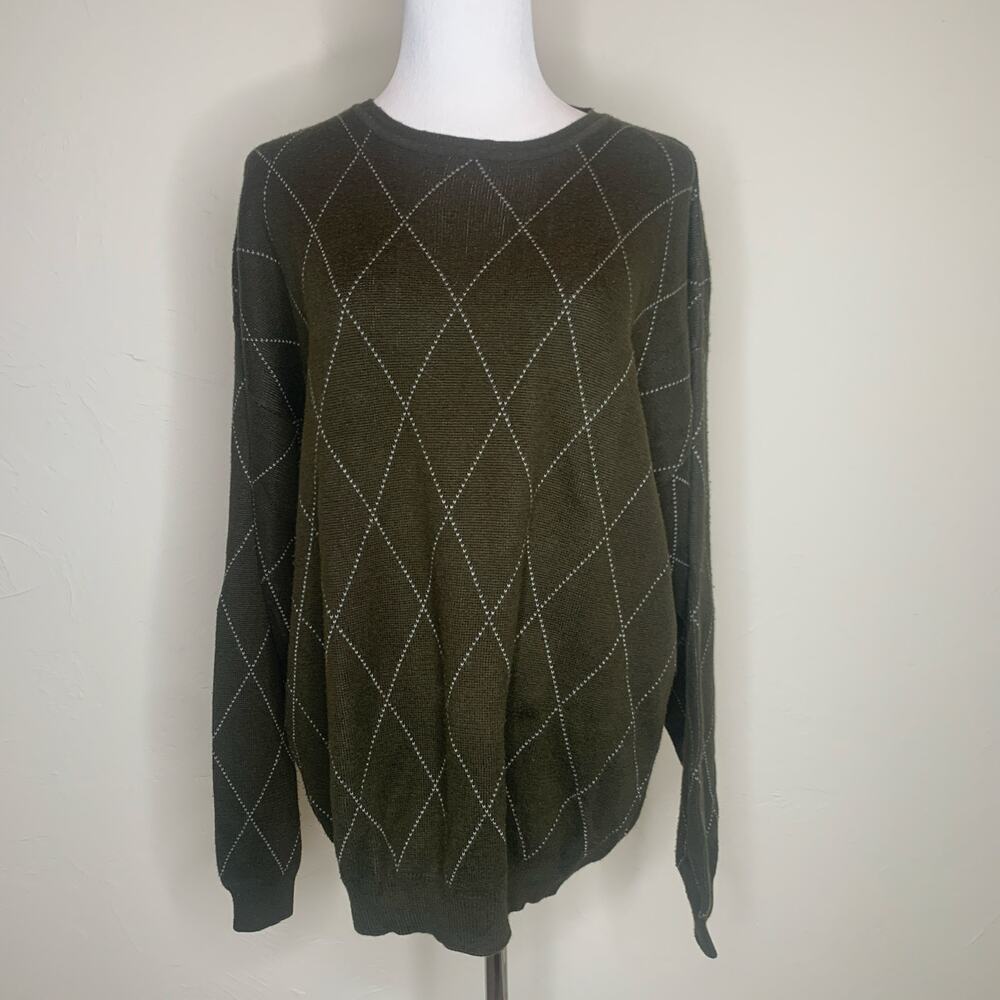 Vintage Army Green Sweater Diamond Print Large